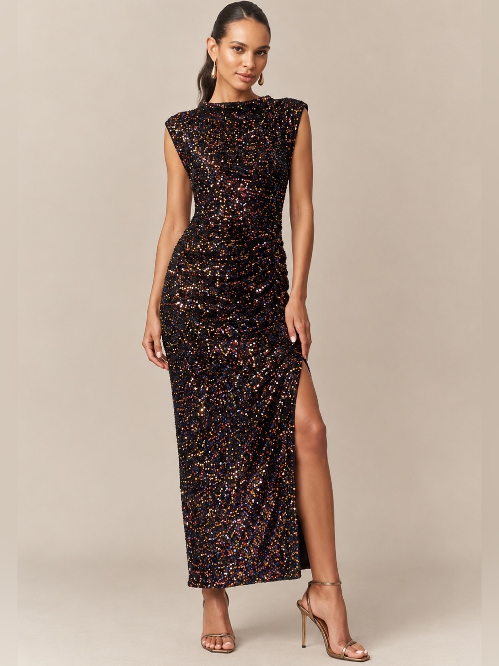 NWT Anthropologie The Maya Ruched Cowl-Neck Sequin Mesh Dress Multi Metallic XS